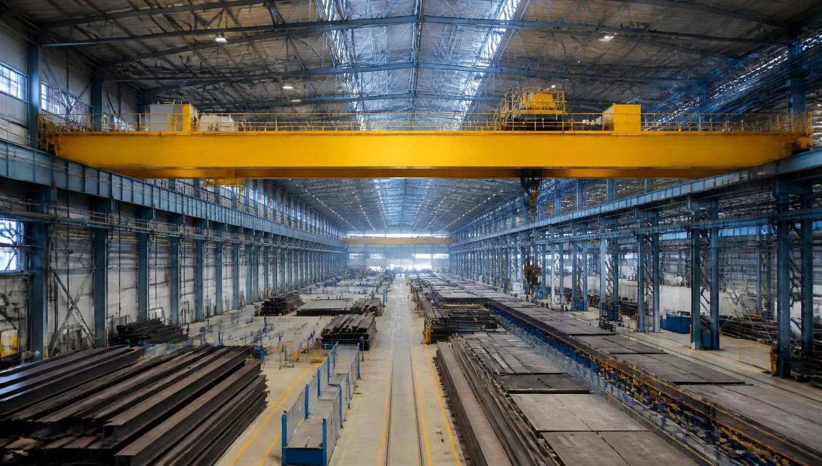 Large unbranded double-girder overhead bridge crane spanning a heavy-industrial fabrication hall