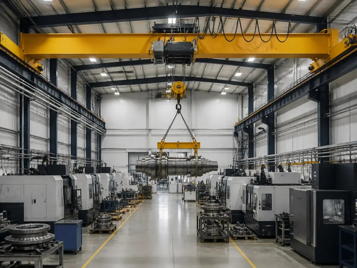Overhead crane serving an assembly bay in an industrial manufacturing plant