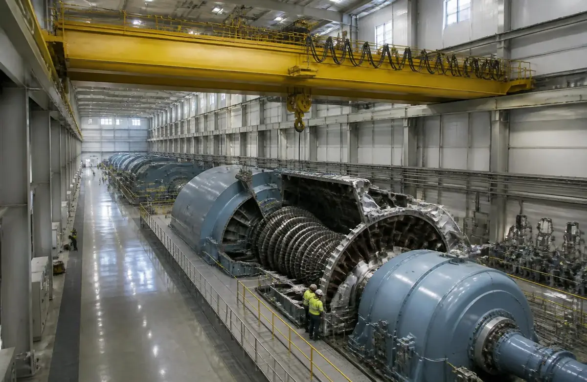 Overhead crane above a steam turbine in a power plant turbine hall